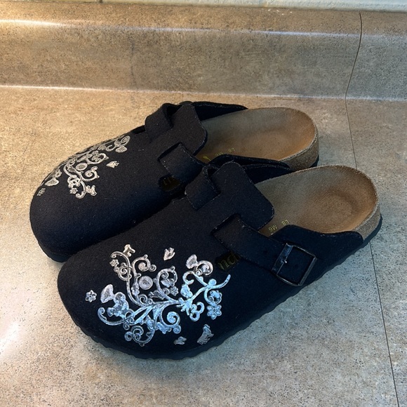 Birkenstock Black and Silver Embroidered Mules - Picture 2 of 6
